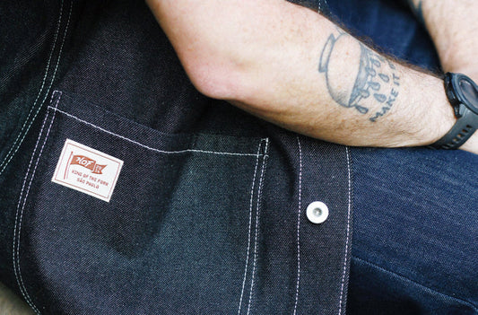 King of the fork coffee shop uniform denim vest cabra