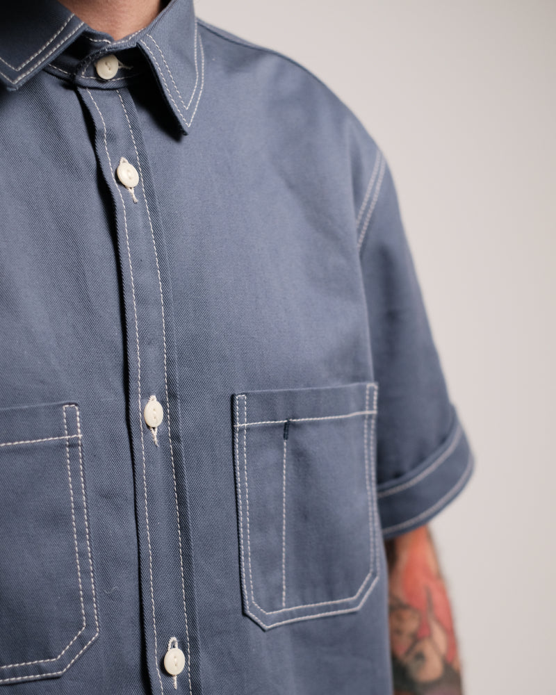 Short Sleeve Twill Shirt organic cotton faded blue bartack detail 