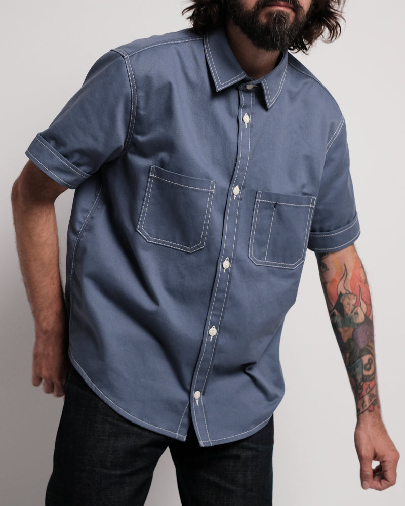Short Sleeve Twill Shirt organic cotton faded blue made in barcelona