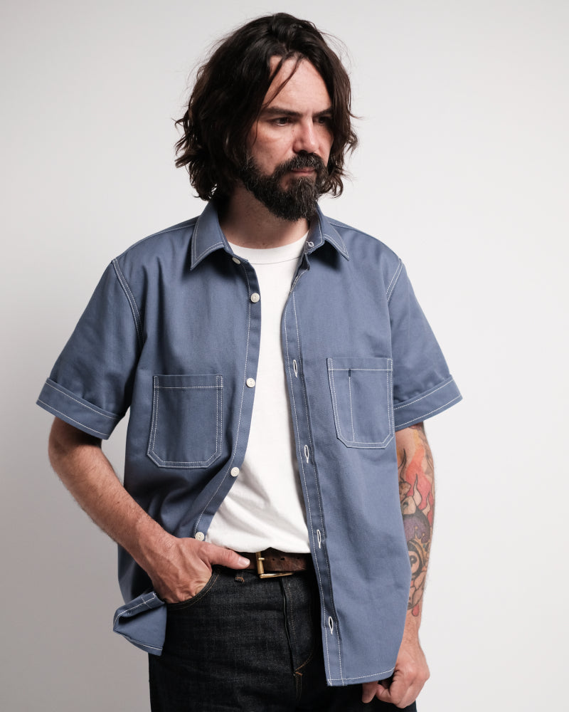 Short Sleeve Twill Shirt organic cotton faded blue overshirt